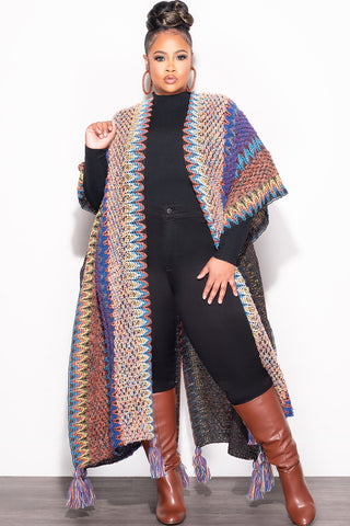 Final Sale Plus Size Knitted Cardigan with Bottom Tassels in Blue, Brown and Black