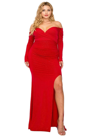 Final Sale Plus Size Glitter Off the Shoulder Gown with Ruched Slide and Slit in Red