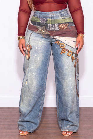 Final Sale Plus Size Printed Jeans With Flare Legs Belt & Starfish Print