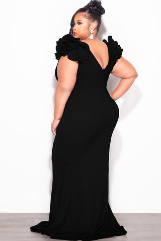 Final Sale Plus Size Gown with Layered Sleeves in Solid Black  (Non-Glitter Fabric)