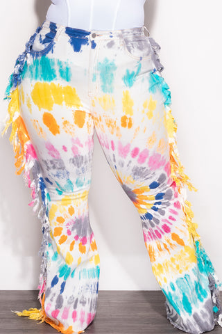 Final Sale Plus Size Jean with Fringe Trim in Multi Color Tie Dye Print