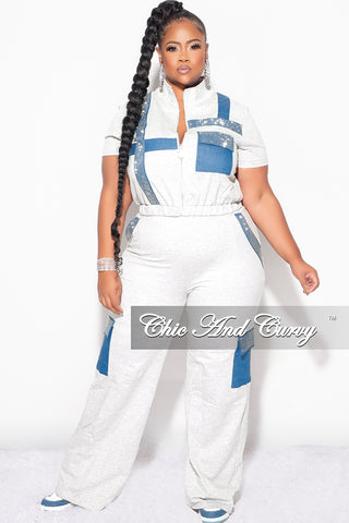 Final Sale Plus Size Rhinestone Colorblock 2pc Zip-Up Top and Pants Set in Ivory & Denim