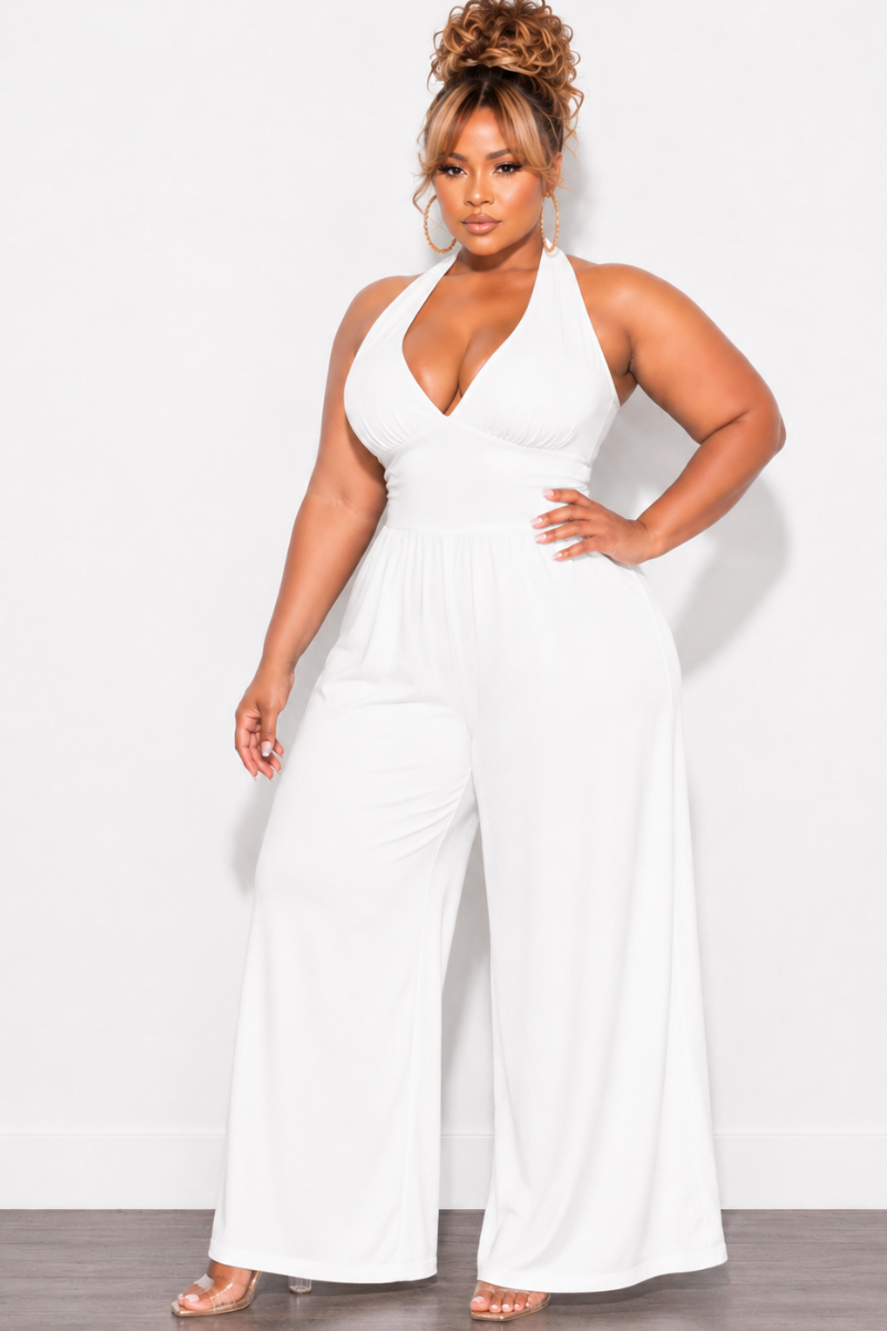 Final Sale Plus Size Halter Jumpsuit in White Poplin