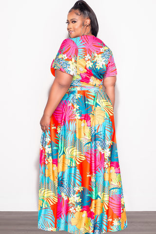Final Sale Plus Size 2pc (Faux Wrap Crop Tie Top & Skirt) Set in Orange and Fuchsia Multi Color Floral Print