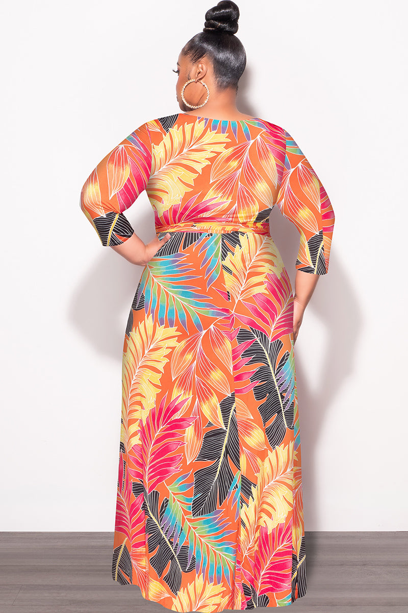 Final Sale Plus Size Deep V-Neck Faux Wrap Dress with 3/4 Sleeves in Orange Multi Leaf Print