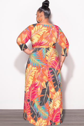 Final Sale Plus Size Deep V-Neck Faux Wrap Dress with 3/4 Sleeves in Orange Multi Leaf Print