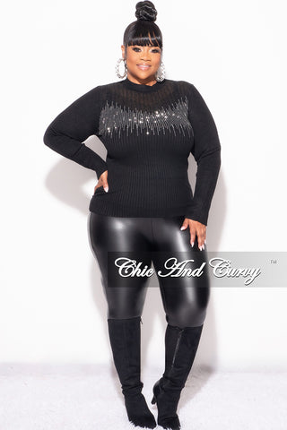 Final Sale Plus Size Ribbed Rhinestone Sweater Top in Black