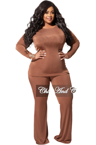 Final Sale Plus Size Ribbed 2pc Long Sleeve Top and Pants Set in Brown Rust