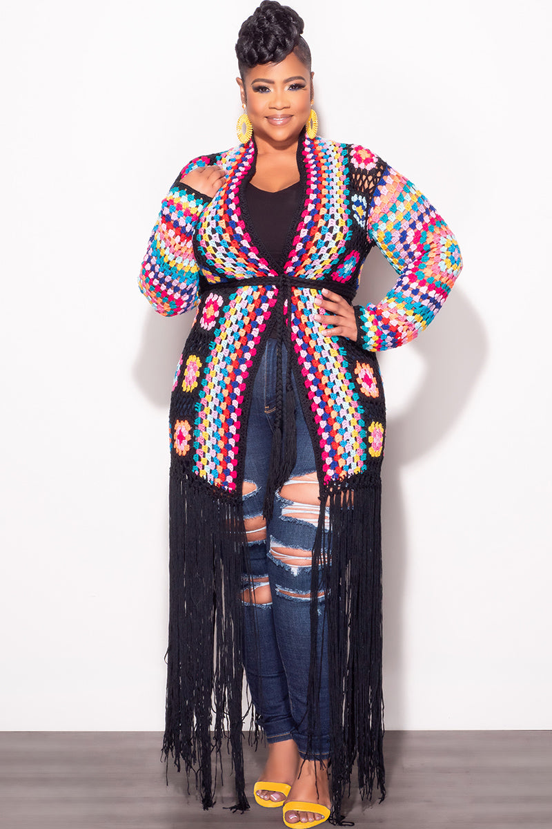 Final Sale Plus Size Crochet Cardigan with Bottom Fringe in Black