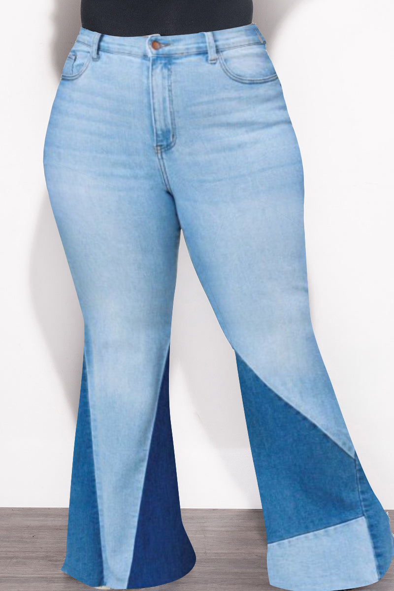 Final Sale Plus Size ColorBlock Flare Denim Jeans in Light Stone Denim