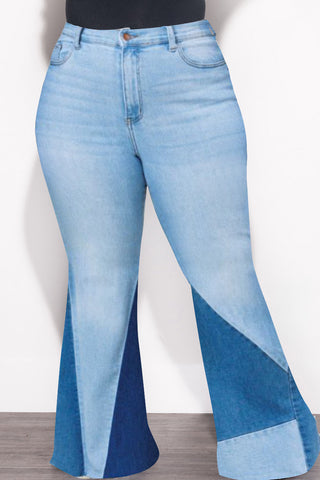 Final Sale Plus Size ColorBlock Flare Denim Jeans in Light Stone Denim