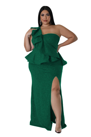 Final Sale Plus Size One Shoulder Layered Ruffle Gown in Green Glitter