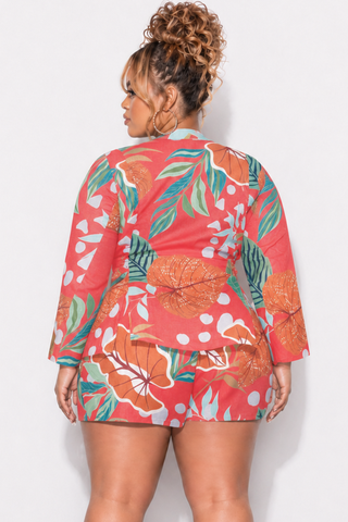 Final Sale Plus Size 2pc Drawstring Blazer and High Waist Shorts in Pink Multi Color Tropical Print