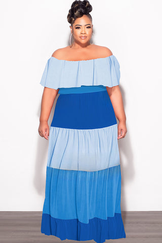 Final Sale Plus Size Off The Shoulder Tiered Maxi Dress in in Baby Blue and Royal Blue