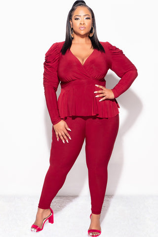 Final Sale Plus Size Faux Wrap Peplum Top and Pants Set in Burgundy