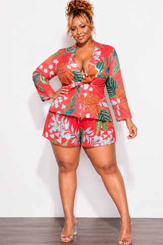 Final Sale Plus Size 2pc Drawstring Blazer and High Waist Shorts in Pink Multi Color Tropical Print