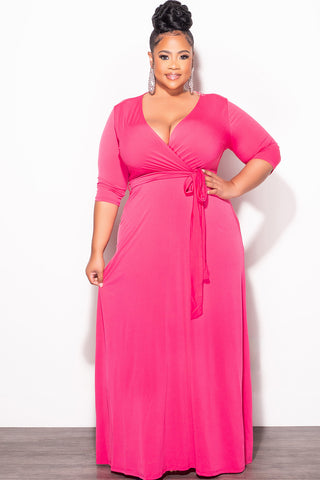 Final Sale Plus Size Faux Wrap Dress in Pink Fuchsia