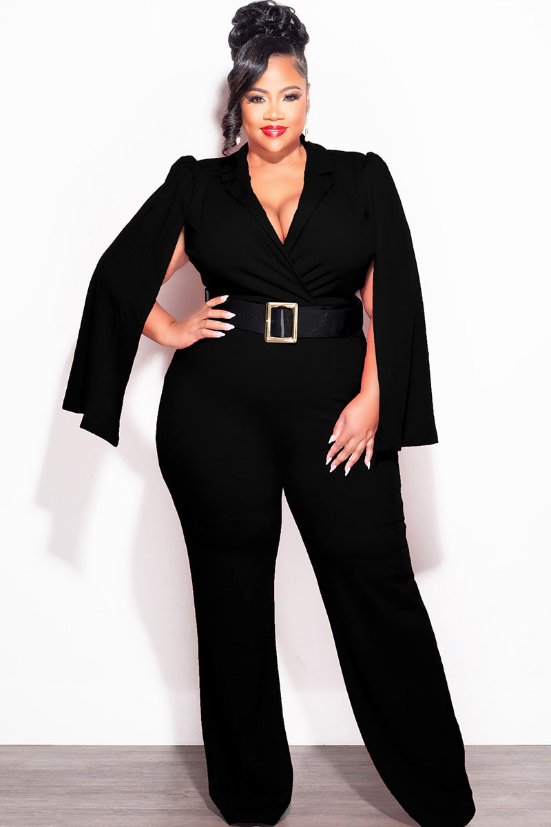 Final Sale Plus Size Faux Wrap Belted Jumpsuit with Cape Sleeves in Black