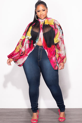 Final Sale Plus Size Sheer Balloon Sleeve Crop Top in Fuchsia and Black Multi Color