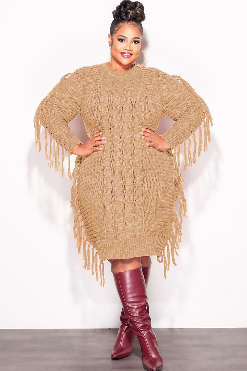 Final Sale Plus Size Fringe Sweater Dress in Tan