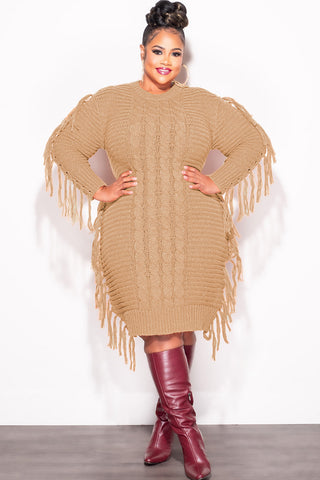 Final Sale Plus Size Fringe Sweater Dress in Tan