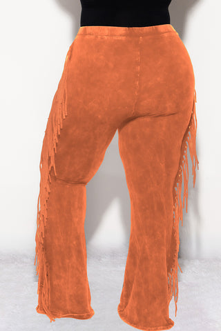 Final Sale Plus Size High Waist Fringe Trim Pants in Rust Acid Wash Print Jersey