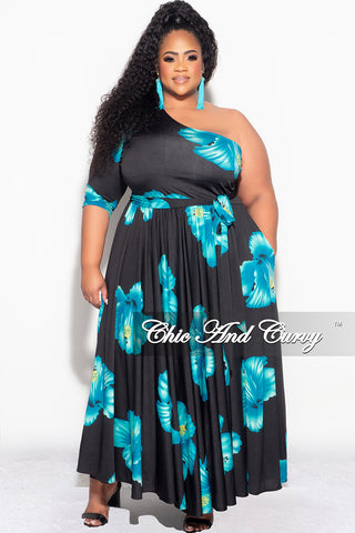Final Sale Plus Size One Shoulder Dress in Black and Turquoise Floral Print