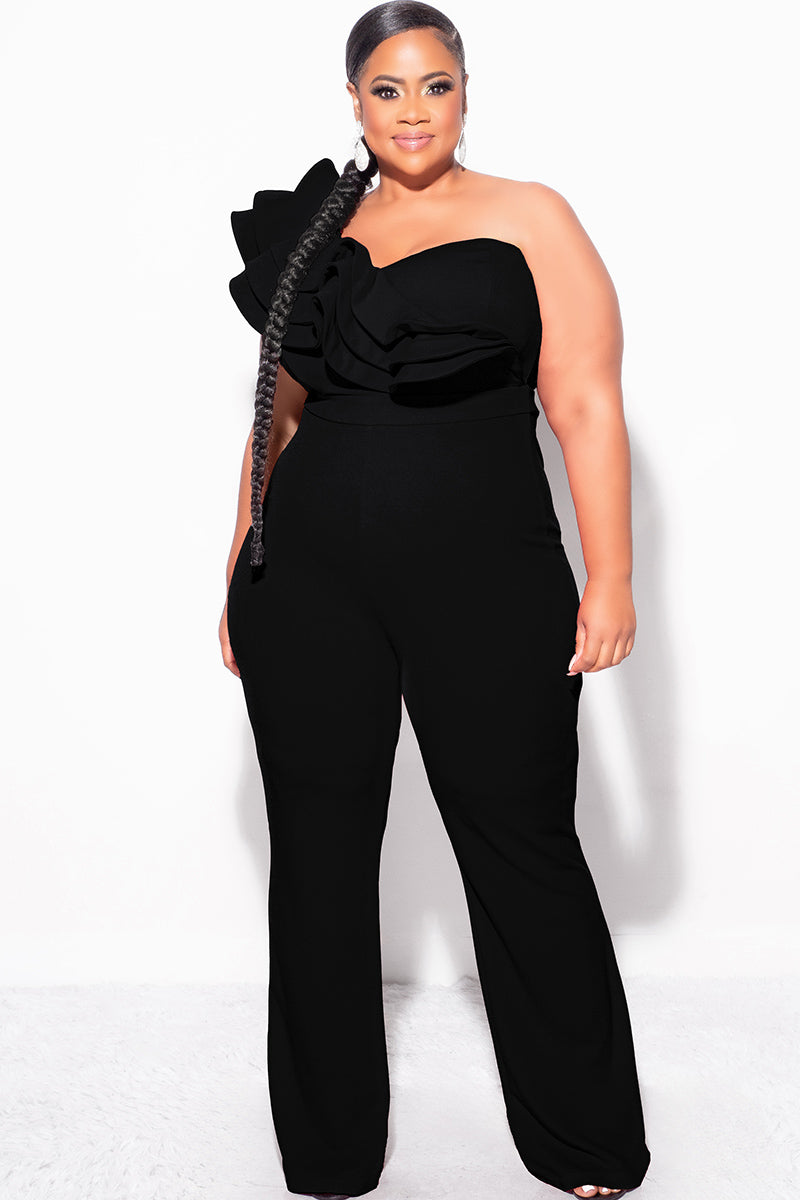 Final Sale Plus Size One Shoulder Ruffle Trim Jumpsuit in Black