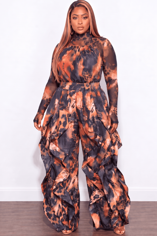 Final Sale Plus Size 2pc Set Mesh Top & Wide Leg Drawstring Oversized Windbreaker Wavy Halter Jumpsuit in Rust & Black Leopard
