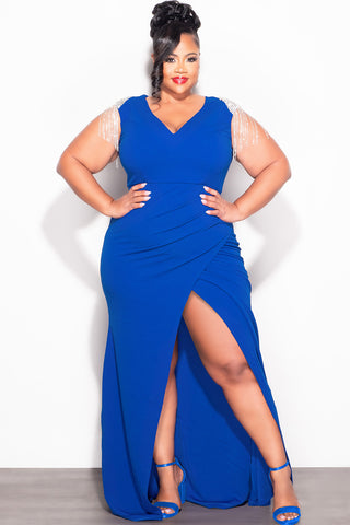 Final Sale Plus Size Deep V  Rhinestone Fringe Shoulder With Maxi Dress in Royal Blue
