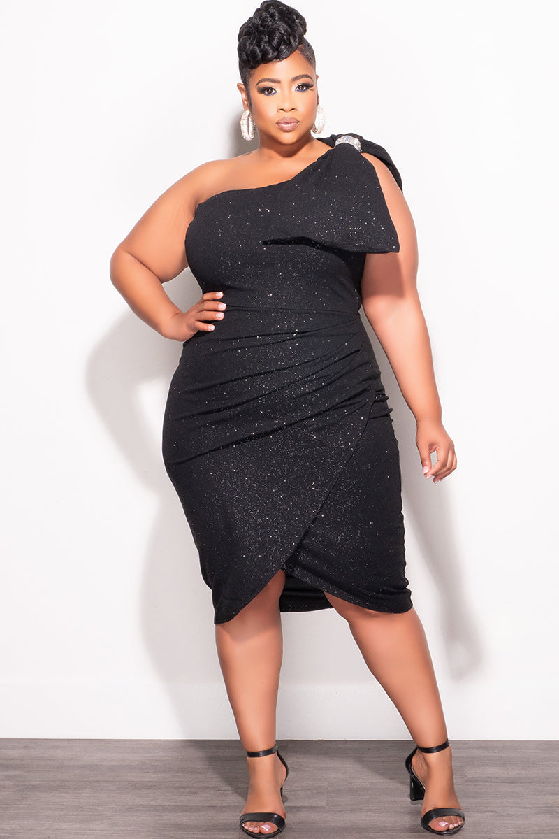 Final Sale Plus Size Glitter One Shoulder Ruched Dress Bow in Black - 1x 14/16 Final Sale Plus Size Glitter One Shoulder Ruched Dress Bow in Black - 1x 14/16