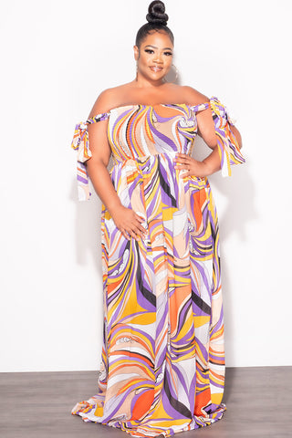 Final Sale Plus Size Chiffon Maxi Dress with Self Tie Shoulder Straps in Purple Multi Color Print