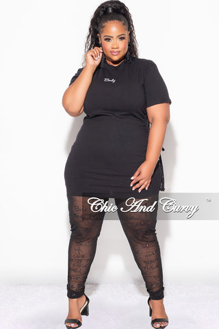 Final Sale Plus Size 2pc Top with Side Cutout and Mesh Glitter Leggings Set in Black