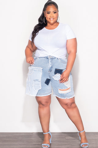 Final Sale Plus Size Patchwork Shorts in Light Denim