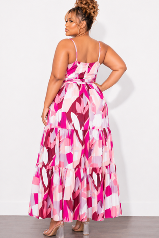 Final Sale Plus Size Spaghetti Strap Abstract Print Tiered Maxi Dress in Pink Multi-Color Print