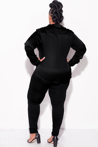 Final Sale Plus Size 2pc Button Up Collar Satin Top and Pants Set in Black