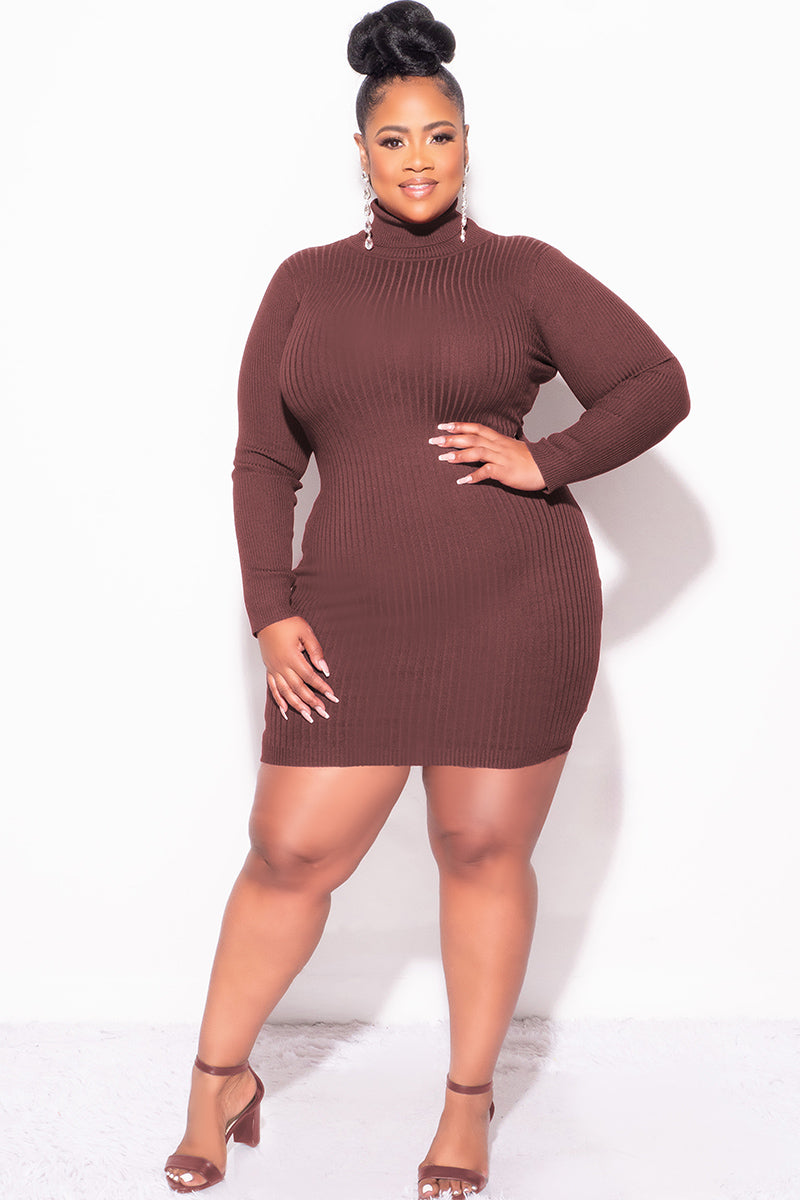 Final Sale Plus Size Ribbed Turtle Neck Dress in Brown – Chic And Curvy Final Sale Plus Size Ribbed Turtle Neck Dress in Brown – Chic And Curvy