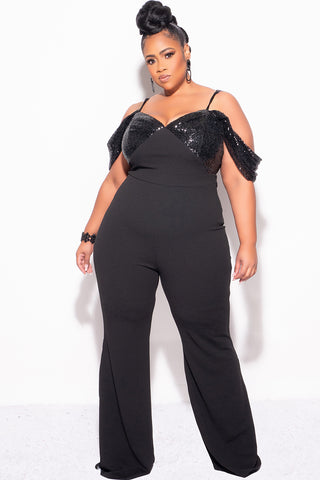 Final Sale Plus Size Off The Shoulder Faux Wrap Sequin Jumpsuit Black