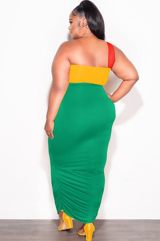 Final Sale Plus Size 2pc One Shoulder Twist Front Bra Top and Ruched Skirt in Orange Yellow and Green