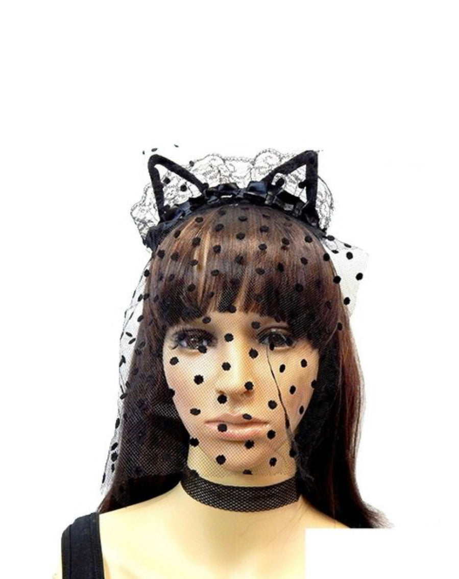 Final Sale Polka Dot Veil Black Lace Cat/Fox Ear Headband