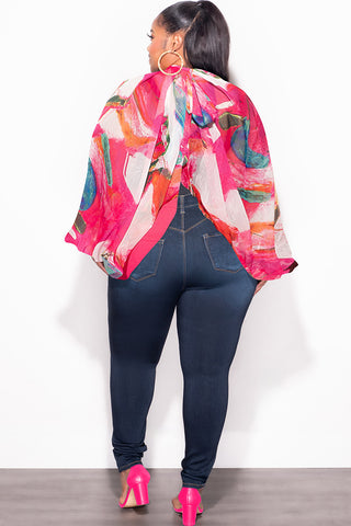 Final Sale Plus Size Sheer Balloon Sleeve Crop Top in Fuchsia Multi Color