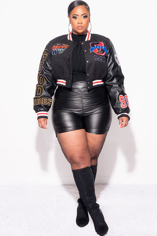 Final Sale Plus Size Cropped Varsity Jacket with Patches in Black, Red, Blue & Yellow