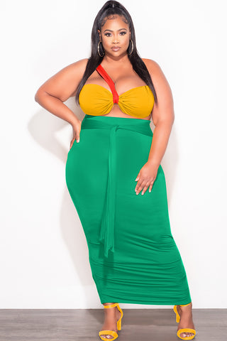 Final Sale Plus Size 2pc One Shoulder Twist Front Bra Top and Ruched Skirt in Orange Yellow and Green