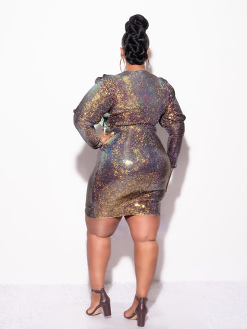 Final Sale Plus Size Faux Wrap Long Sleeve Sequin BodyCon Dress in Black with Gold Hologram