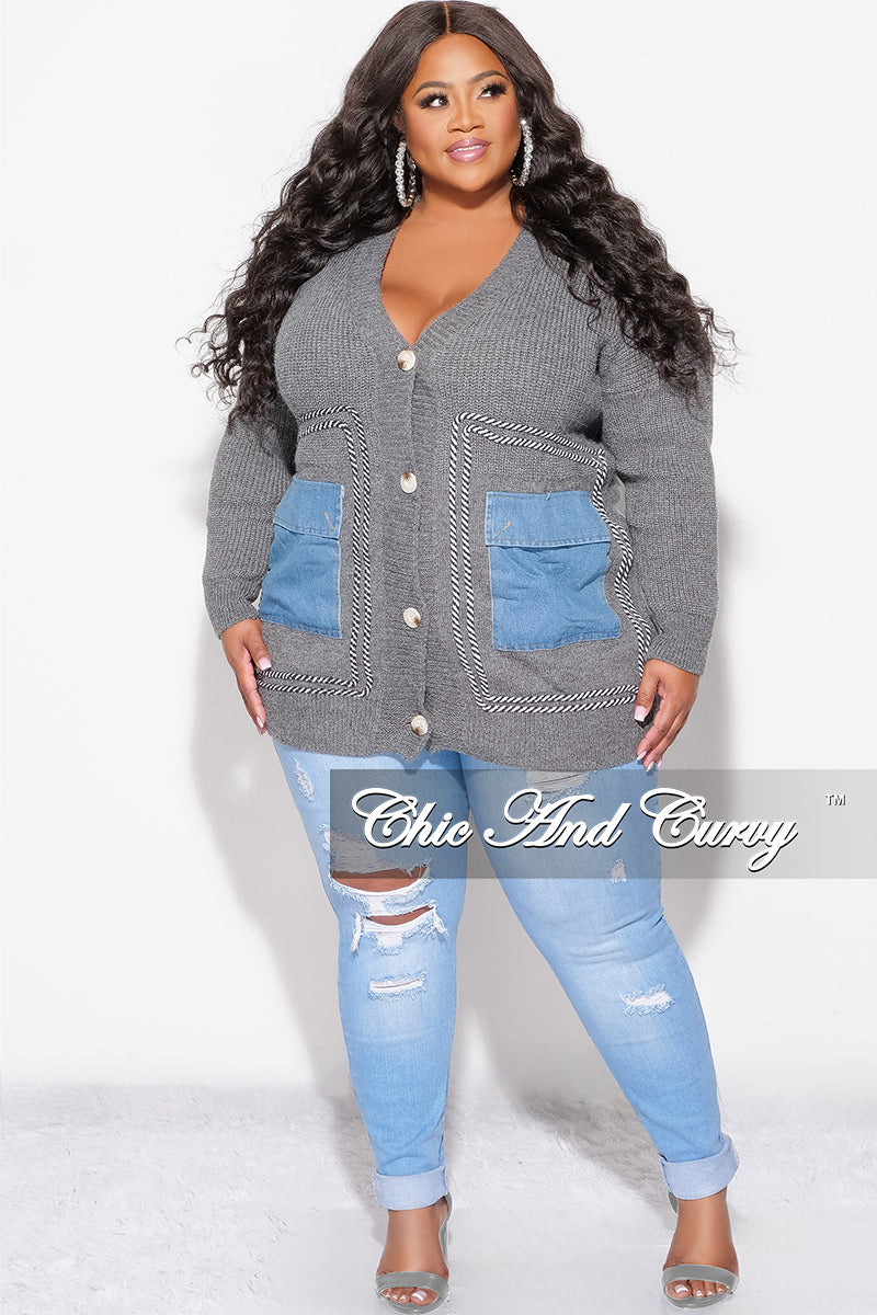 Final Sale Plus Size Button Up Wool Cardigan with Denim Pockets in Grey