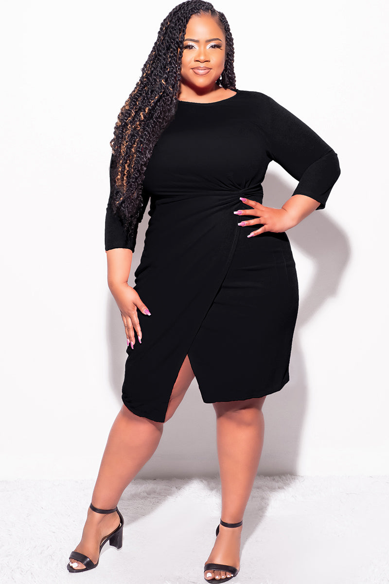 Final Sale Plus Size Long Sleeve Side Knot Wrap Midi Dress in Black