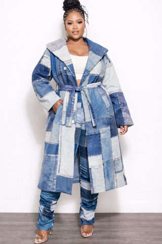 Final Sale Plus Size Faux Denim Printed Patchwork Print Coat