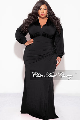 Final Sale Plus Size V-Neck Gown with Ruched Overlay in Black