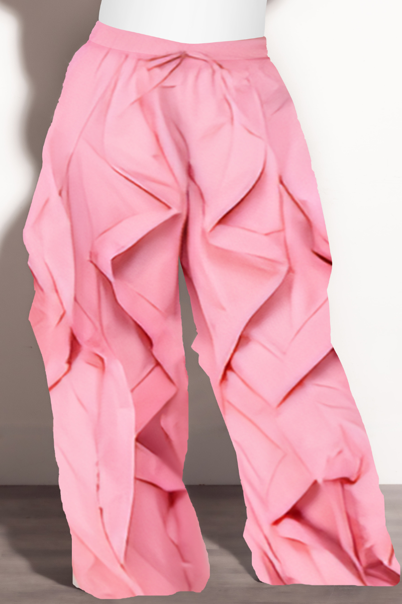 Final Sale Plus Size Wide Leg Drawstring Oversized Windbreaker Wavy Pants in Soft Pink