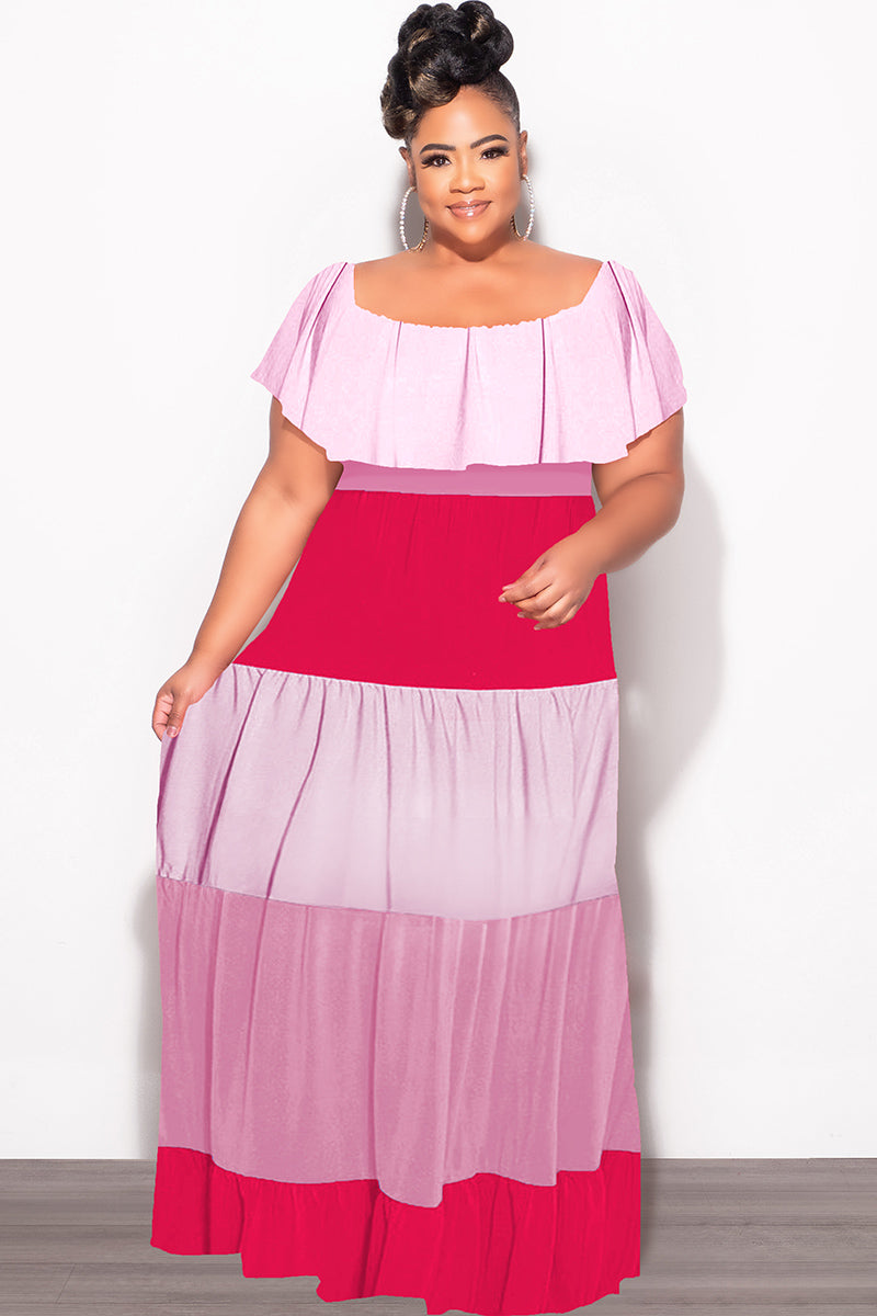 Final Sale Plus Size Off The Shoulder Tiered Maxi Dress in Pink and Re Chic And Curvy Final Sale Plus Size Off The Shoulder Tiered Maxi Dress in Pink and Re Chic And Curvy